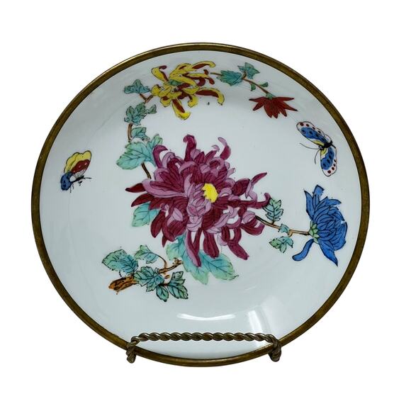 Vintage Chinese Hand-Painted Porcelain & Brass Bowl 6″ Diameter Floral Motif - Picture 2 of 7